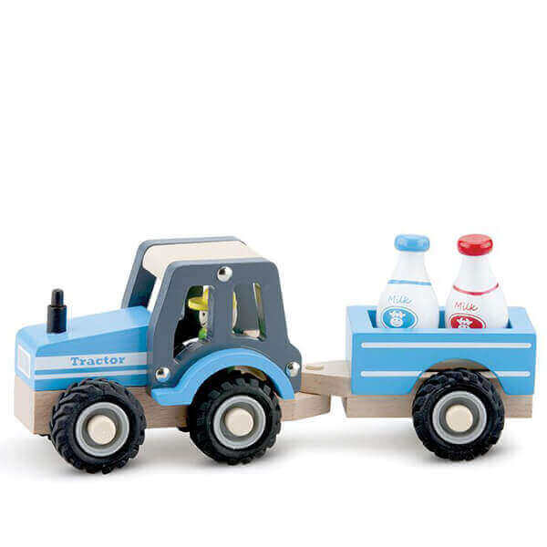 New Classic Toys Traktor med anhænger og 2 mælkejunger i træ.