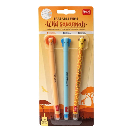 Erasable gel pen, 3-pack, Lion/Elephant/Giraffe, gelpenne med blæk der kan viskes ud