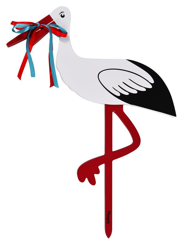 Fødselsstork i træ med rødt og blåt bånd, stor, 80 cm.