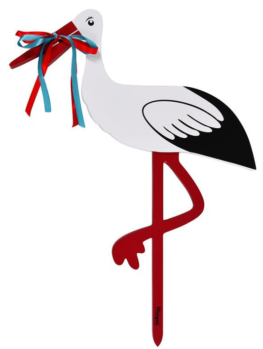 Fødselsstork i træ med rødt og blåt bånd, stor, 80 cm.