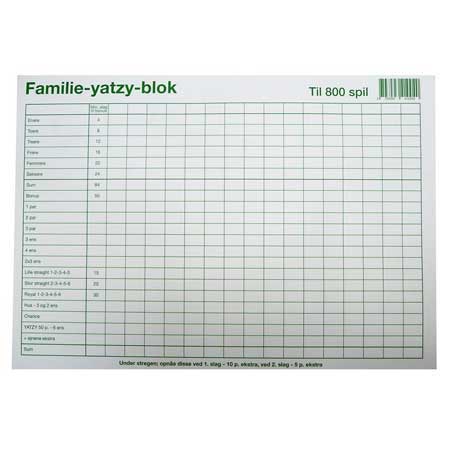Familie Yatzy Blok I A4 Format 50 Ark.