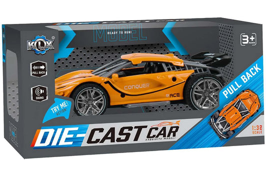 KLX die-cast Die-cast pull back car w/sound &"Try-Me, orange