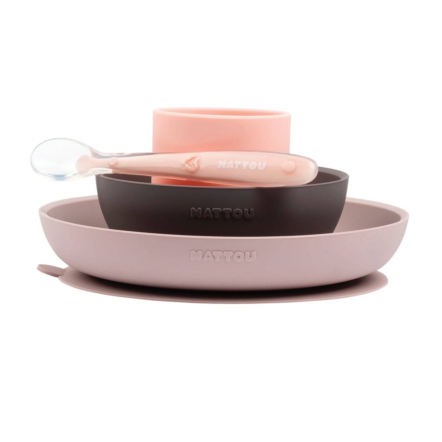 Nattou Silikone middagssæt rosa og Aubergine