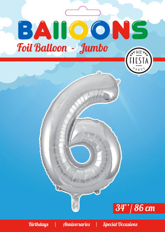 Folie sølv 6 tal ballon 86 cm