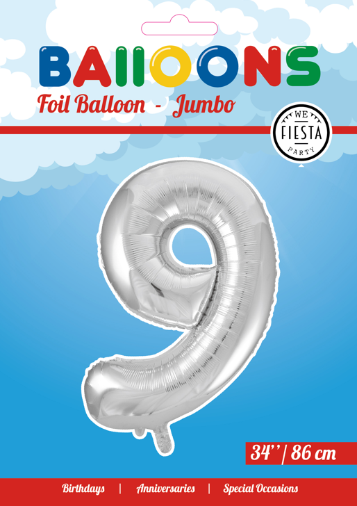 Folieballon 9 tal sølv 86 cm