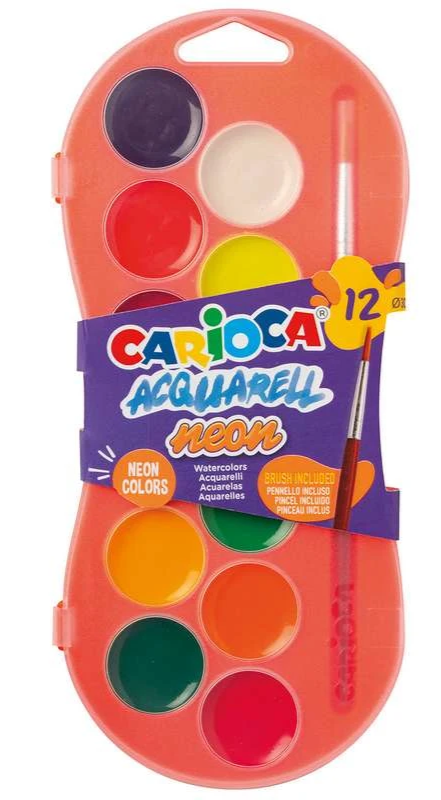 CARIOCA Vandfarve sæt neon m/pensel Ø30mm 12 farver ass.