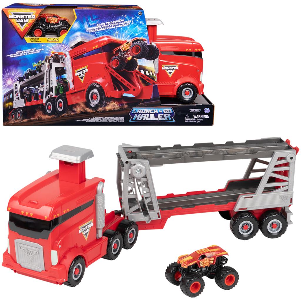 Monster Jam-action med Launch N' Go Hauler-legesætte