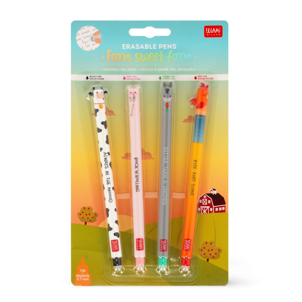 Erasable gel pen, 4-pack, Farm sweet farm, Ko/Svin/Æsel/Hane