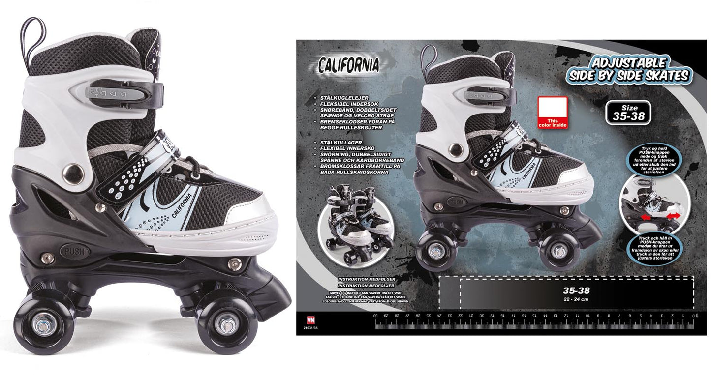 California Justerbare Side-by-Side Rulleskøjter – Sort/Grå (Str. 35–38)