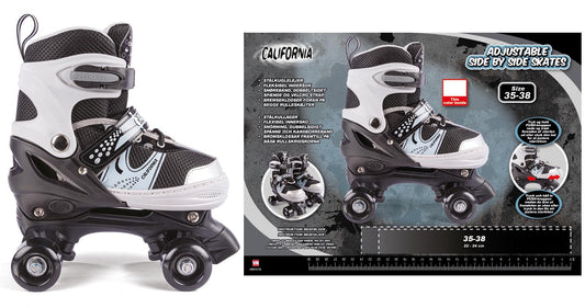 California Justerbare Side-by-Side Rulleskøjter – Sort/Grå (Str. 35–38)