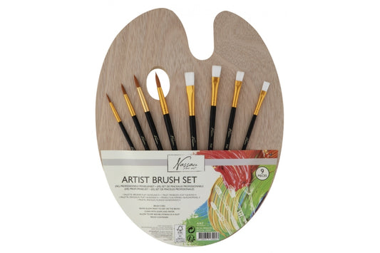 Palet i træ, med 8 pensler.