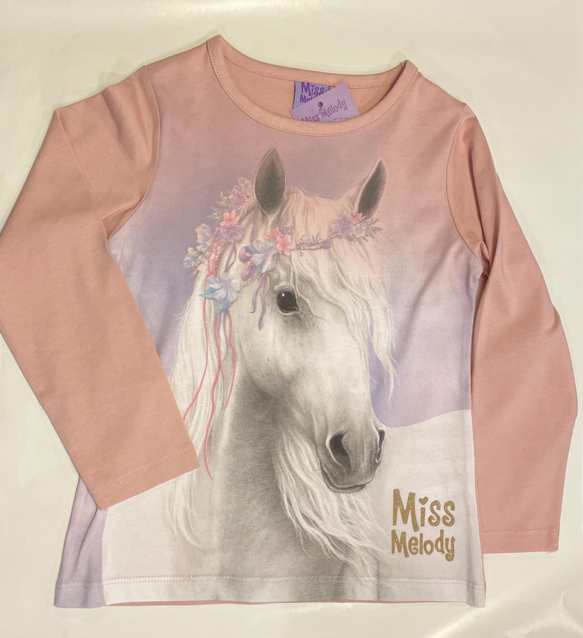 Miss Melody langærmet t-shirts med hvid hest 116 cm