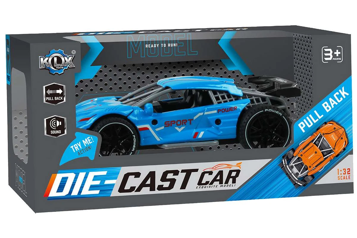 KLX die-cast Die-cast pull back car w/sound & "Try-Me", blue