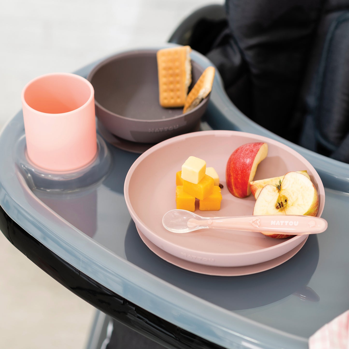 Nattou Silikone middagssæt rosa og Aubergine