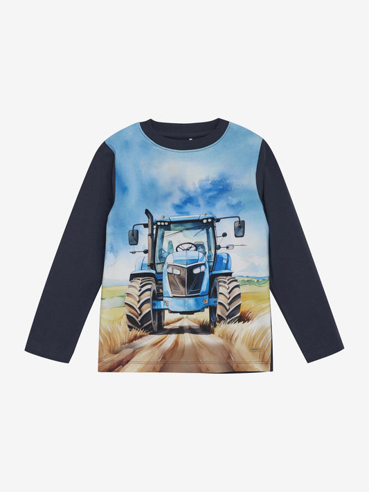 Minymo langærmet T-shirt med blå traktor 92 cm