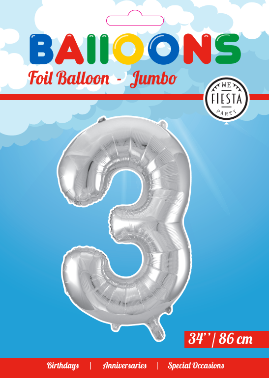 Folie sølv 3 tal ballon 86 cm