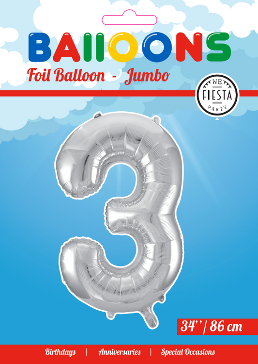 Folie sølv 3 tal ballon 86 cm