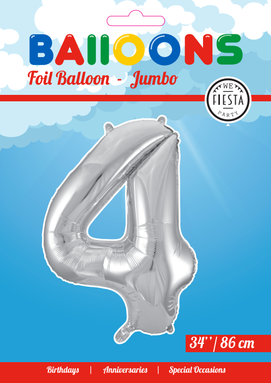 Folie sølv 4 tal ballon 86 cm