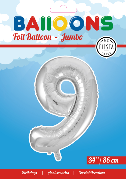 Folie sølv 9 tal ballon 86 cm