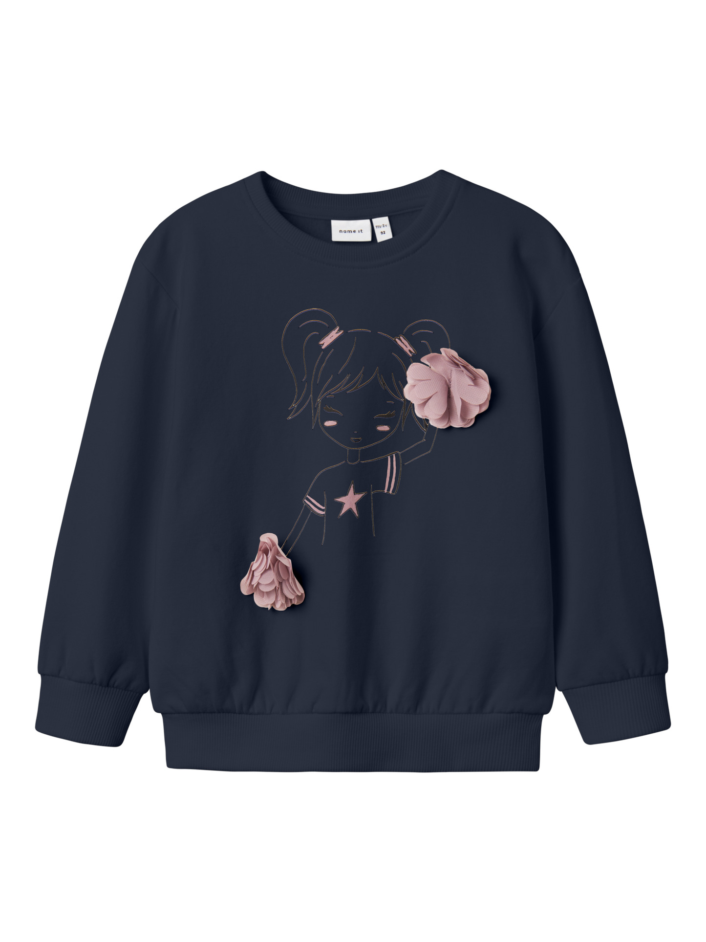 Name It sweatshirt blå med print og 3D blomster 92 cm