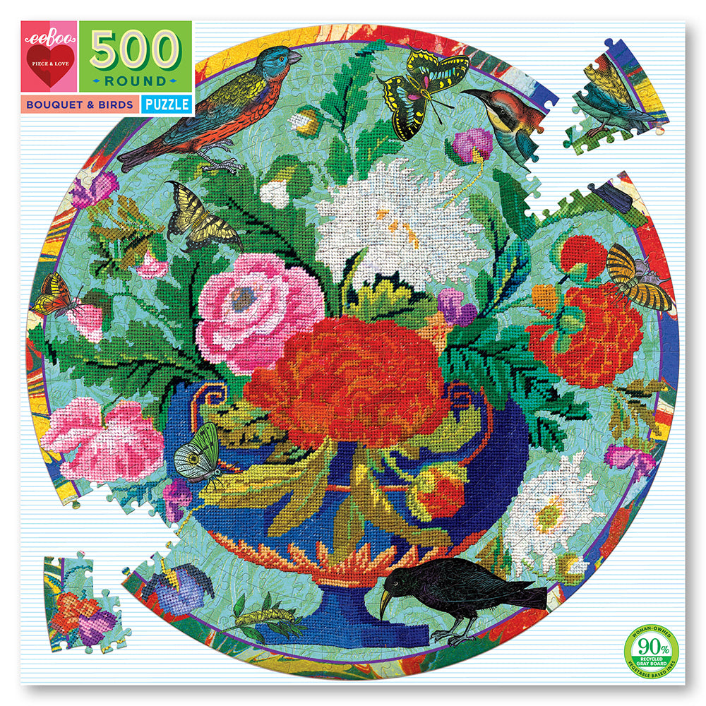 eeBoo - Rundt puslespil 500 brk - Broderi blomster & fugl