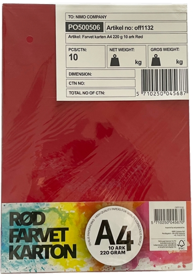 Karton A4 10 ark. Rød